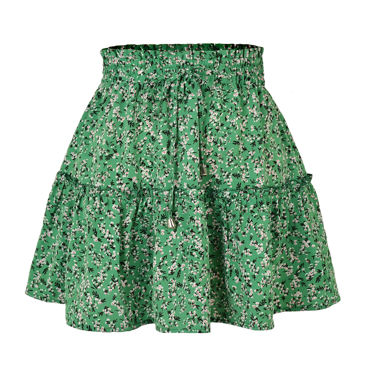 Green Daisy Floral Print Ruffle Trim Mid-High Rise Tiered Mini Skirt