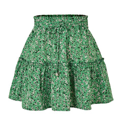 Green Daisy Floral Print Ruffle Trim Mid-High Rise Tiered Mini Skirt