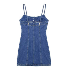 Dark Blue Vintage Bodycon Button-Down Spaghetti Strap Denim Mini Dress