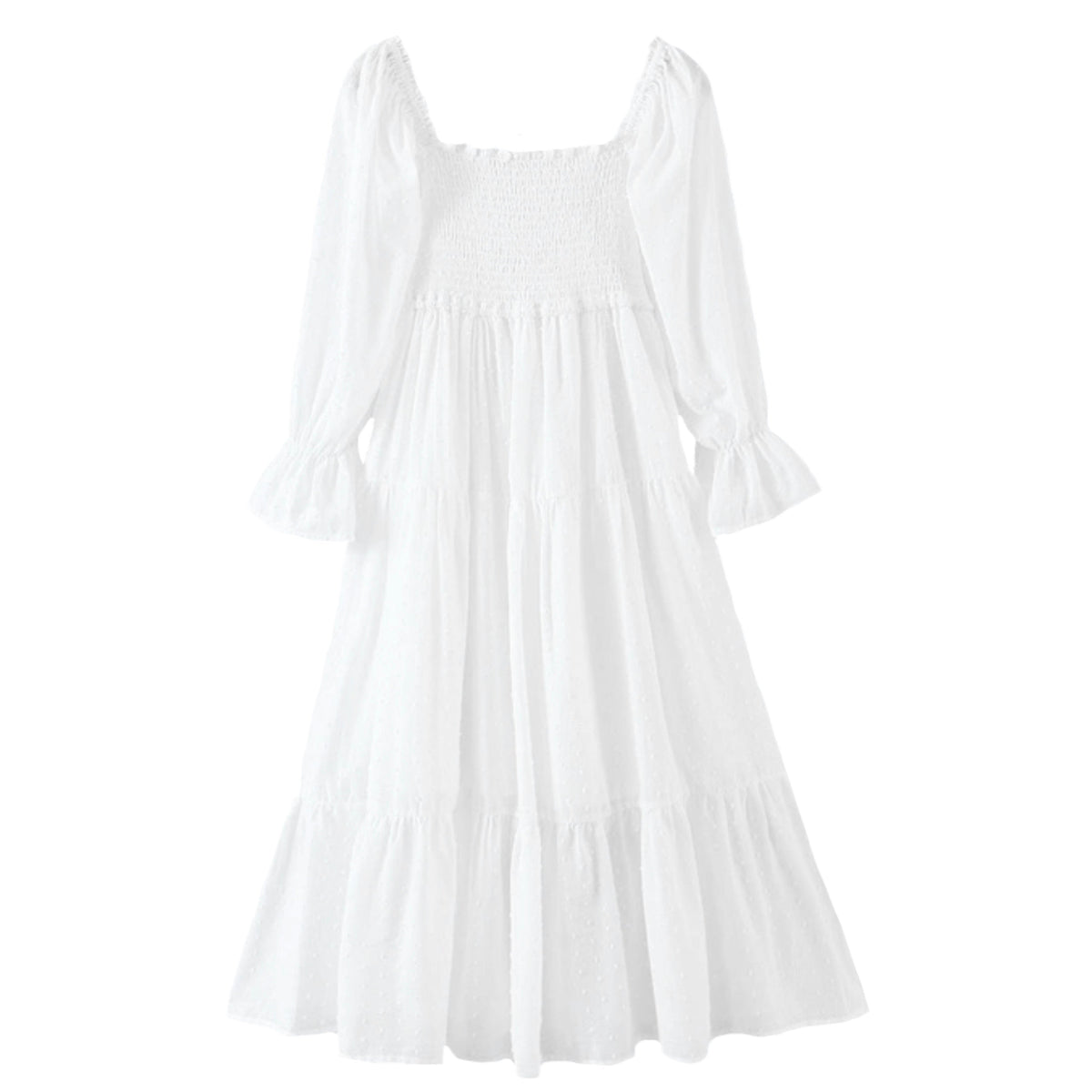 White Smocked Ruffle Trim Long Sleeve Tiered Boho Linen Maxi Dress