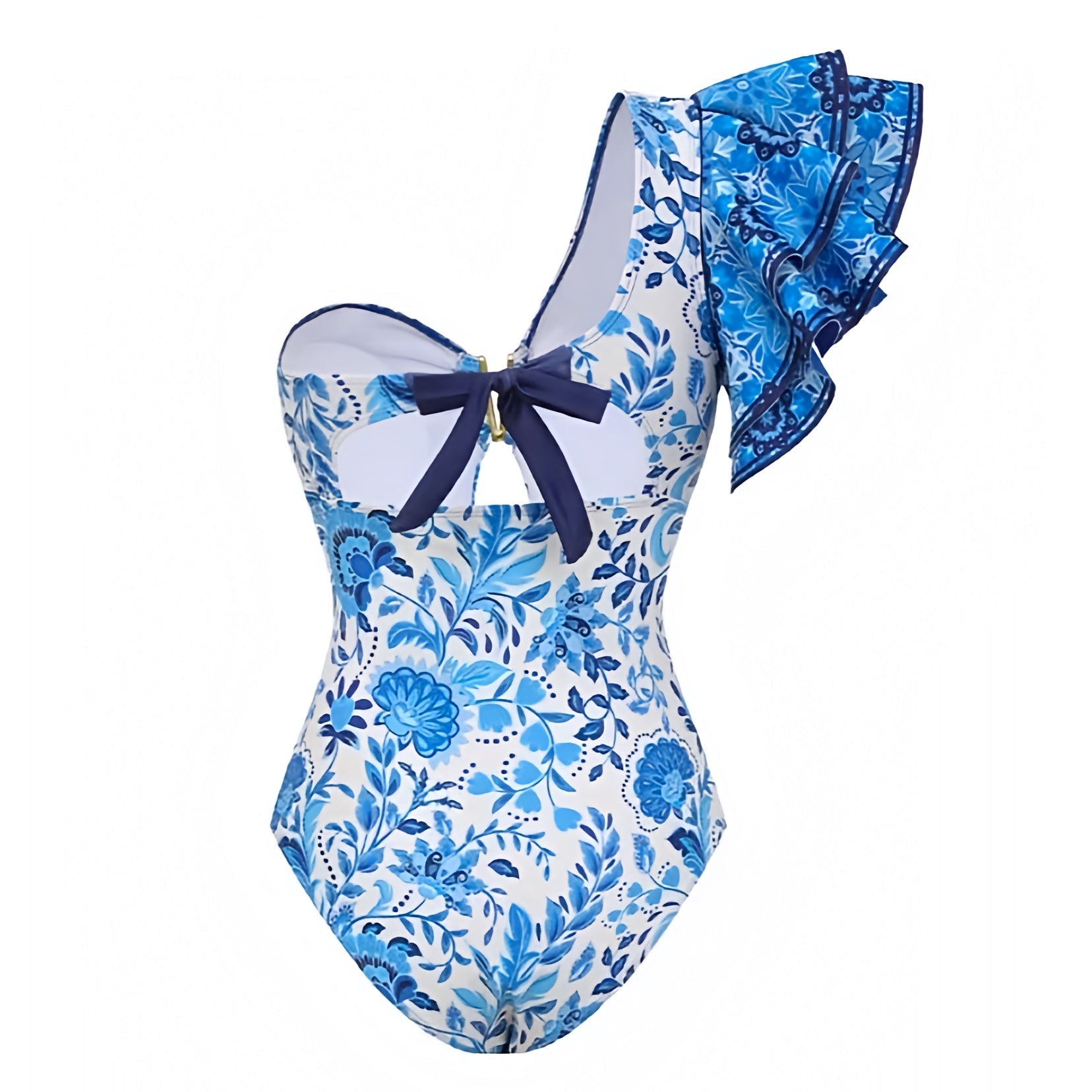 Calista Blue & White Floral Print Ruffle Trim Puff Sleeve One Piece Swimsuit