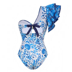 Calista Blue & White Floral Print Ruffle Trim Puff Sleeve One Piece Swimsuit