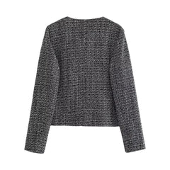 Dark Gray Tweed Gold Button Cropped Overcoat