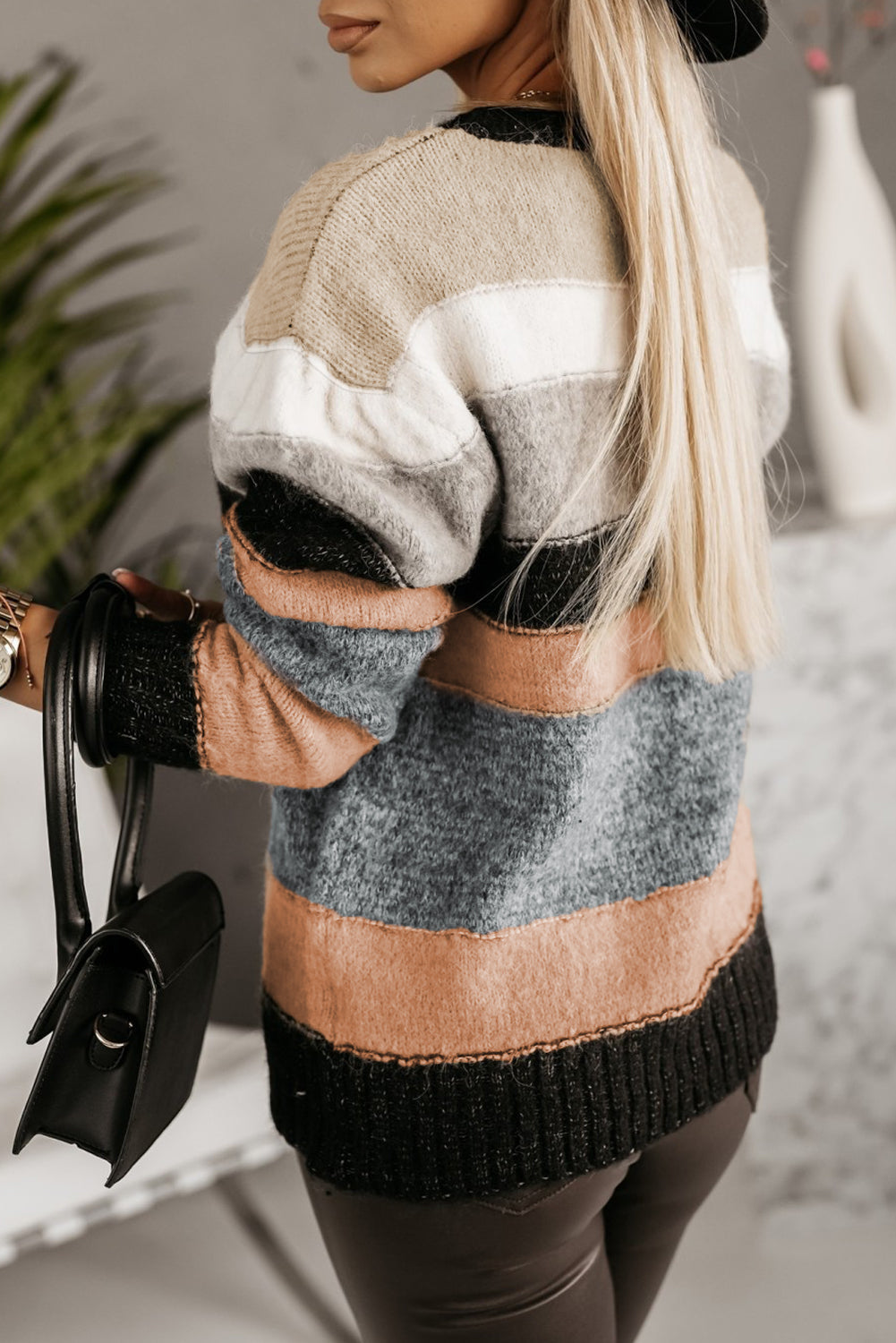 Colorblock Stripe Puff Sleeve Sweater