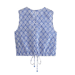 Asos Blue & White Patterned Slim Fit Sleeveless Crop Top