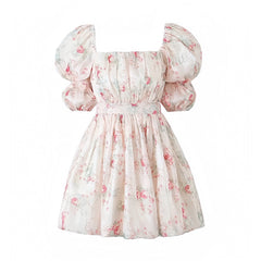 Light Pink Peony Floral Print Puff Sleeve Babydoll Mini Dress