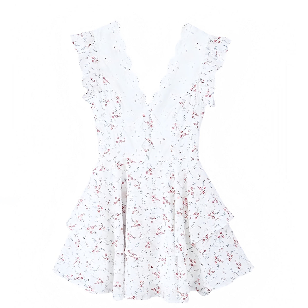 Light Pink Floral Print Eyelet Embroidered Layered Ruffle Short Sleeve Backless Mini Dress