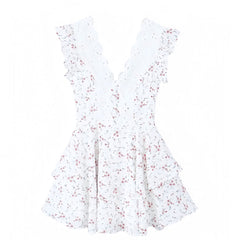 Light Pink Floral Print Eyelet Embroidered Layered Ruffle Short Sleeve Backless Mini Dress