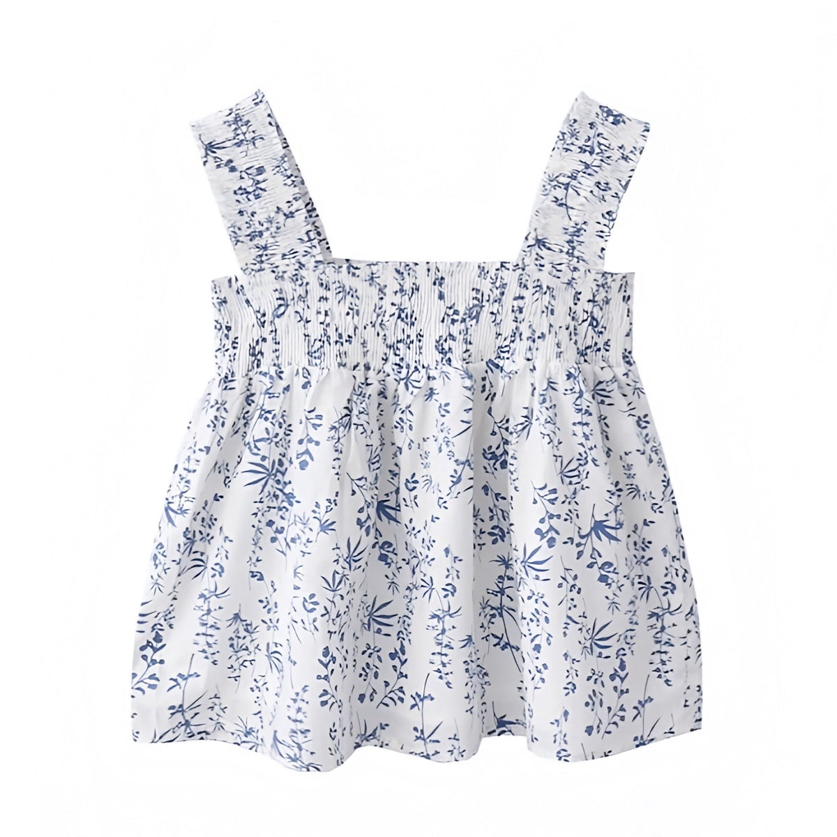 Light Blue Floral Print Smocked Ruffle Tank Top