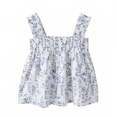 Light Blue Floral Print Smocked Ruffle Tank Top