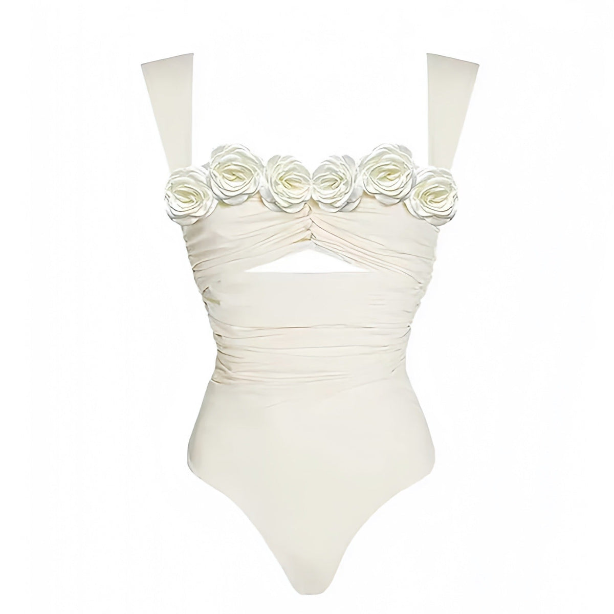 Ivory White Rose Cut-Out Spaghetti Strap One Piece Swimsuit