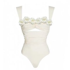 Ivory White Rose Cut-Out Spaghetti Strap One Piece Swimsuit