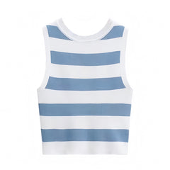 Blue & White Striped Slim Fit Sleeveless Linen Crop Tank Top