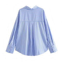 Sea Blue Striped Seersucker Button Down Long Sleeve Linen Shirt