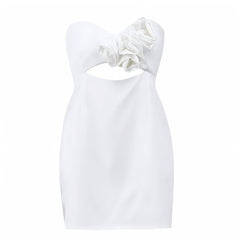 White 3D Flower Satin Cut-Out Slim Fit Bodycon Strapless Mini Dress