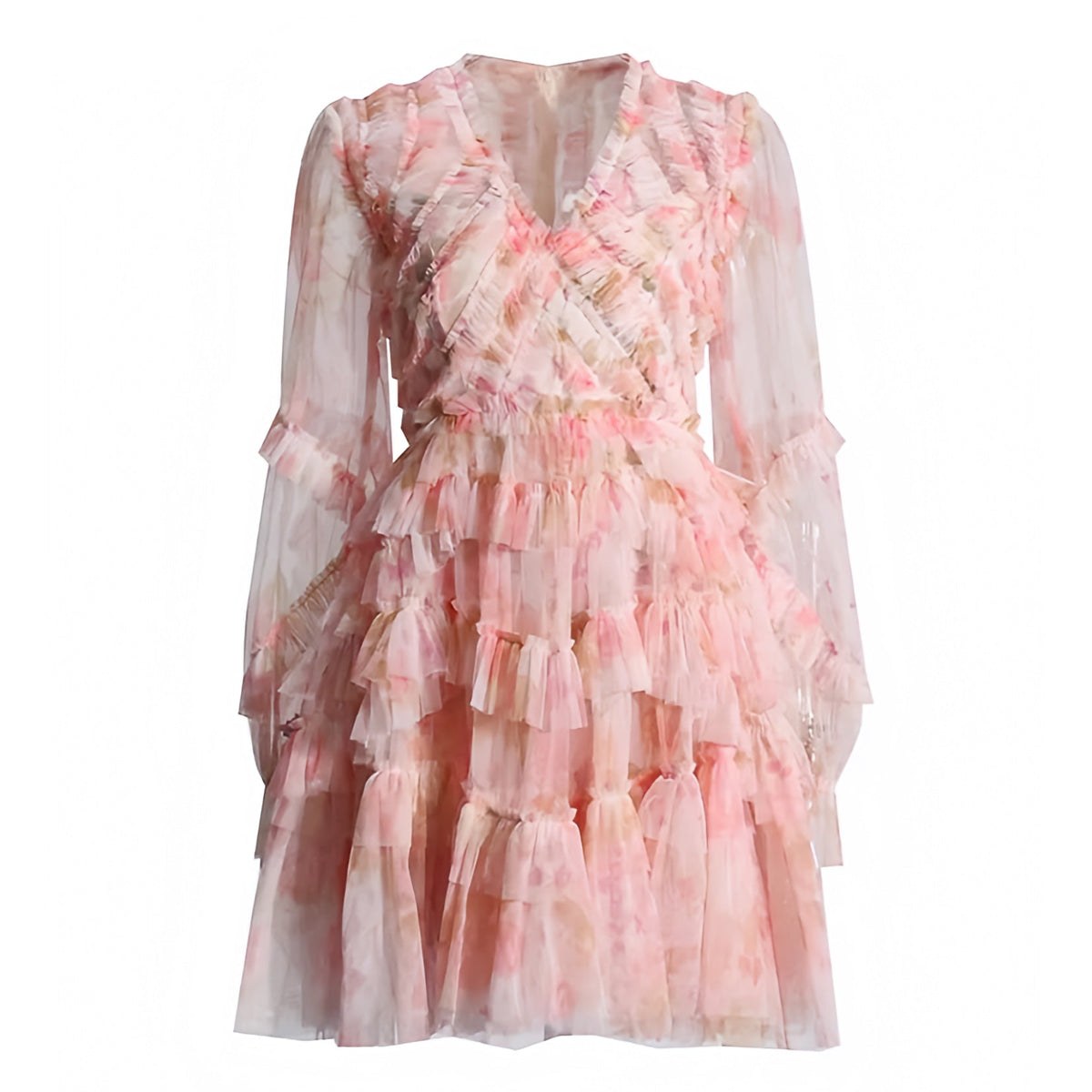 Multilayer Ruffle Gown Aster Coral Pink Multi-Color Layered Ruffle Long Sleeve Mini Dress – Toadds