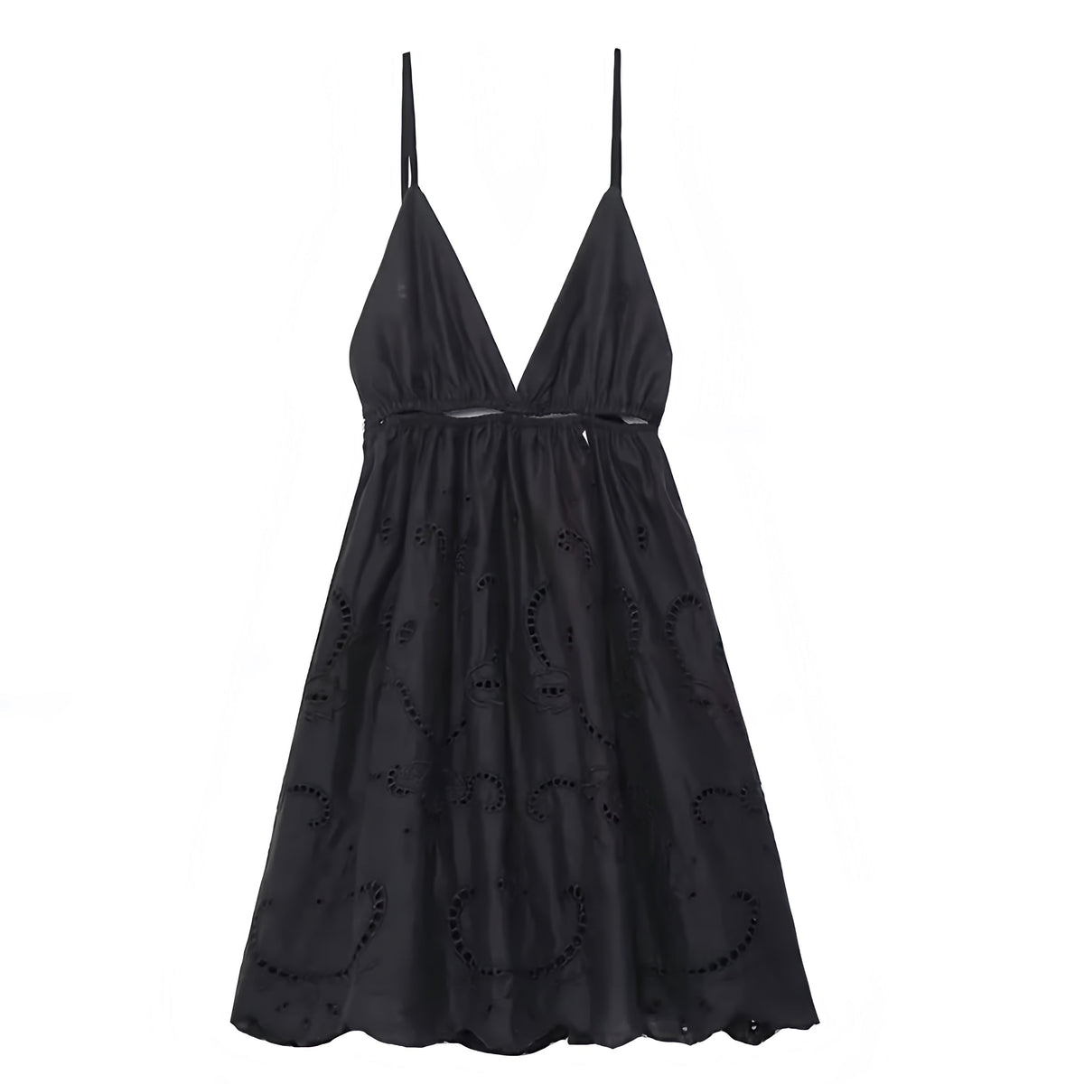 Black Eyelet Embroidered Slim Fit V-Neck Spaghetti Strap Backless Mini Dress