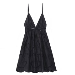 Black Eyelet Embroidered Slim Fit V-Neck Spaghetti Strap Backless Mini Dress