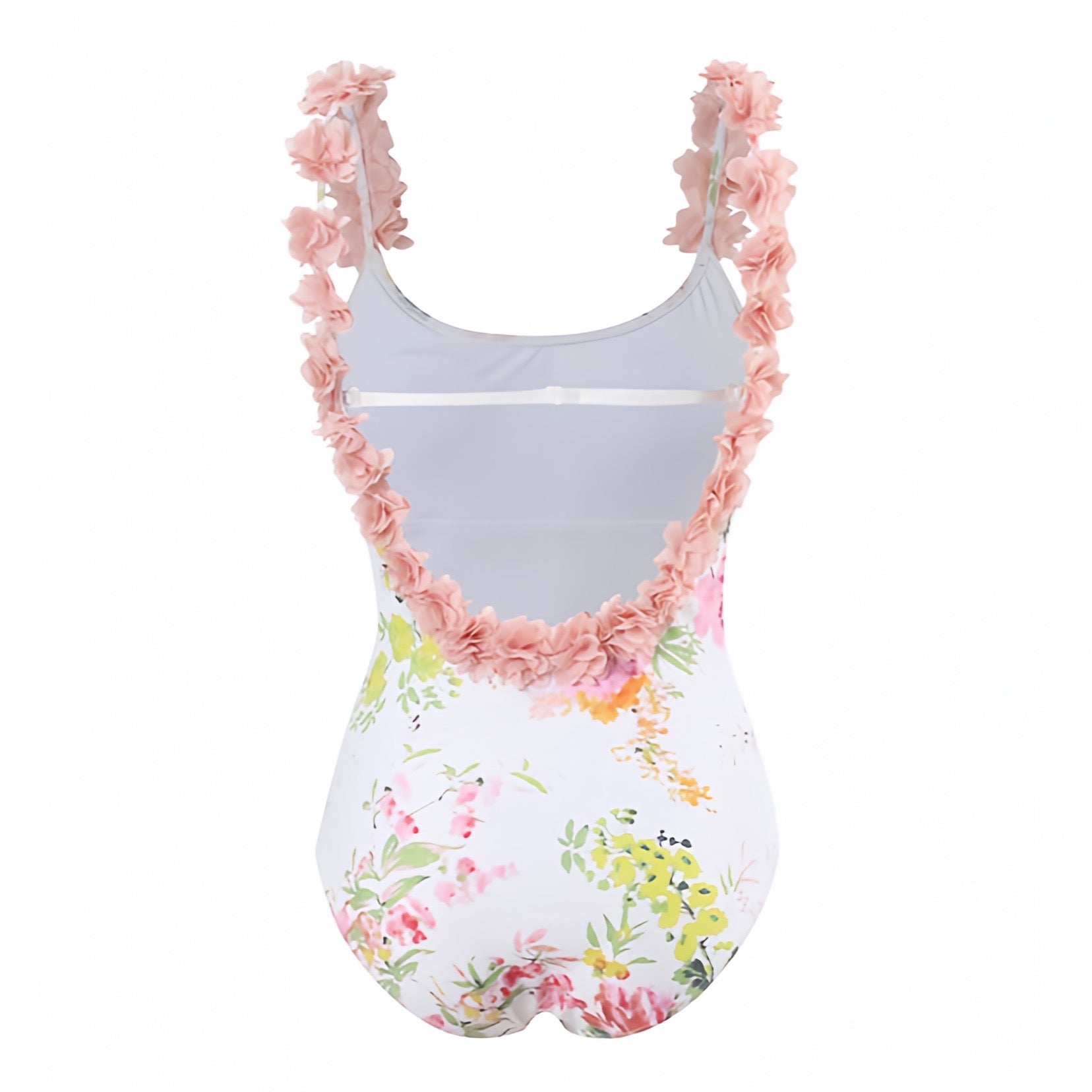 Light Pink Floral Print Ruffle Trim Spaghetti Strap Backless One Piece Swimsuit