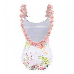 Light Pink Floral Print Ruffle Trim Spaghetti Strap Backless One Piece Swimsuit