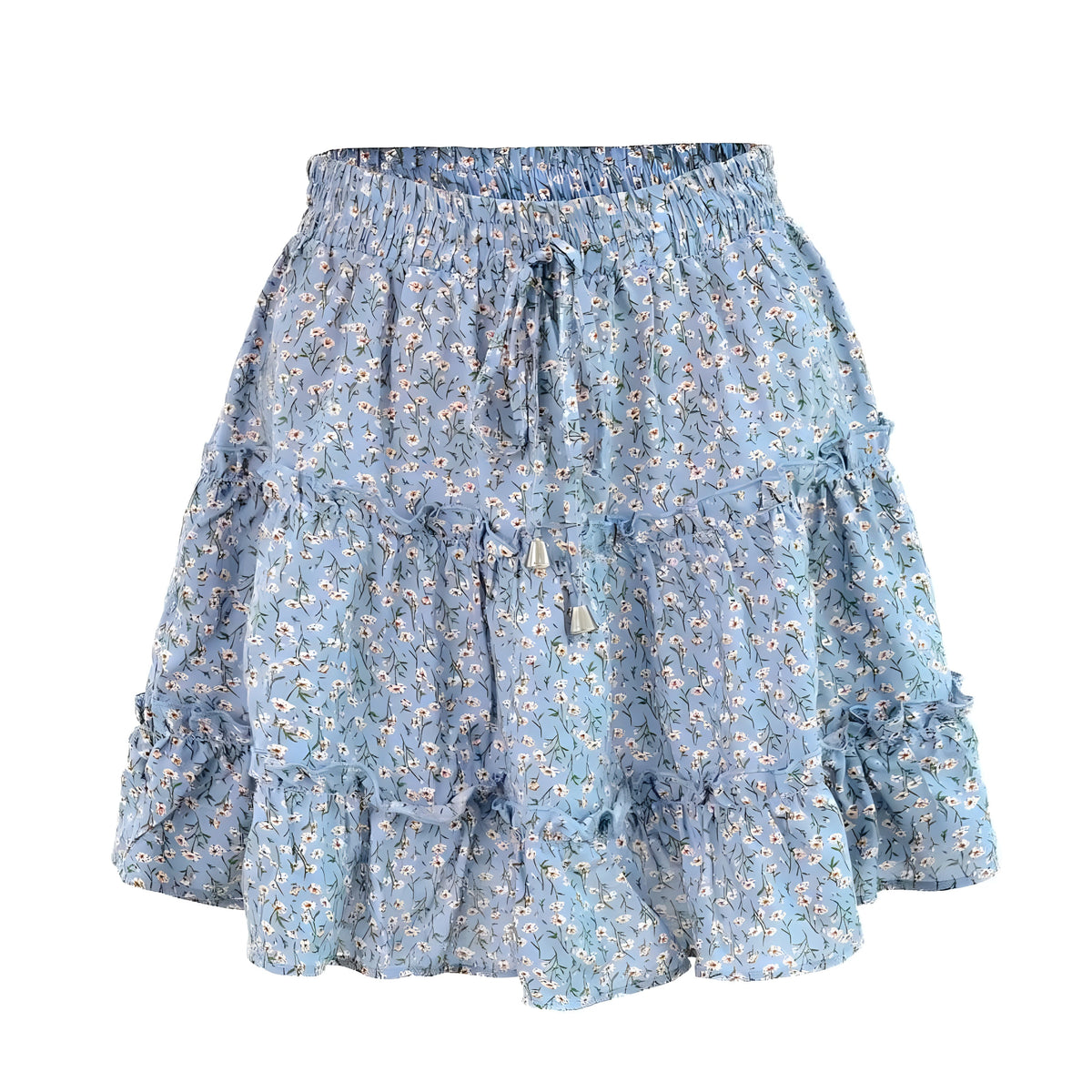 Light Blue Daisy Floral Print Ruffle Trim Mid-High Rise Tiered Mini Skirt