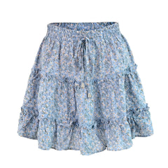 Light Blue Daisy Floral Print Ruffle Trim Mid-High Rise Tiered Mini Skirt