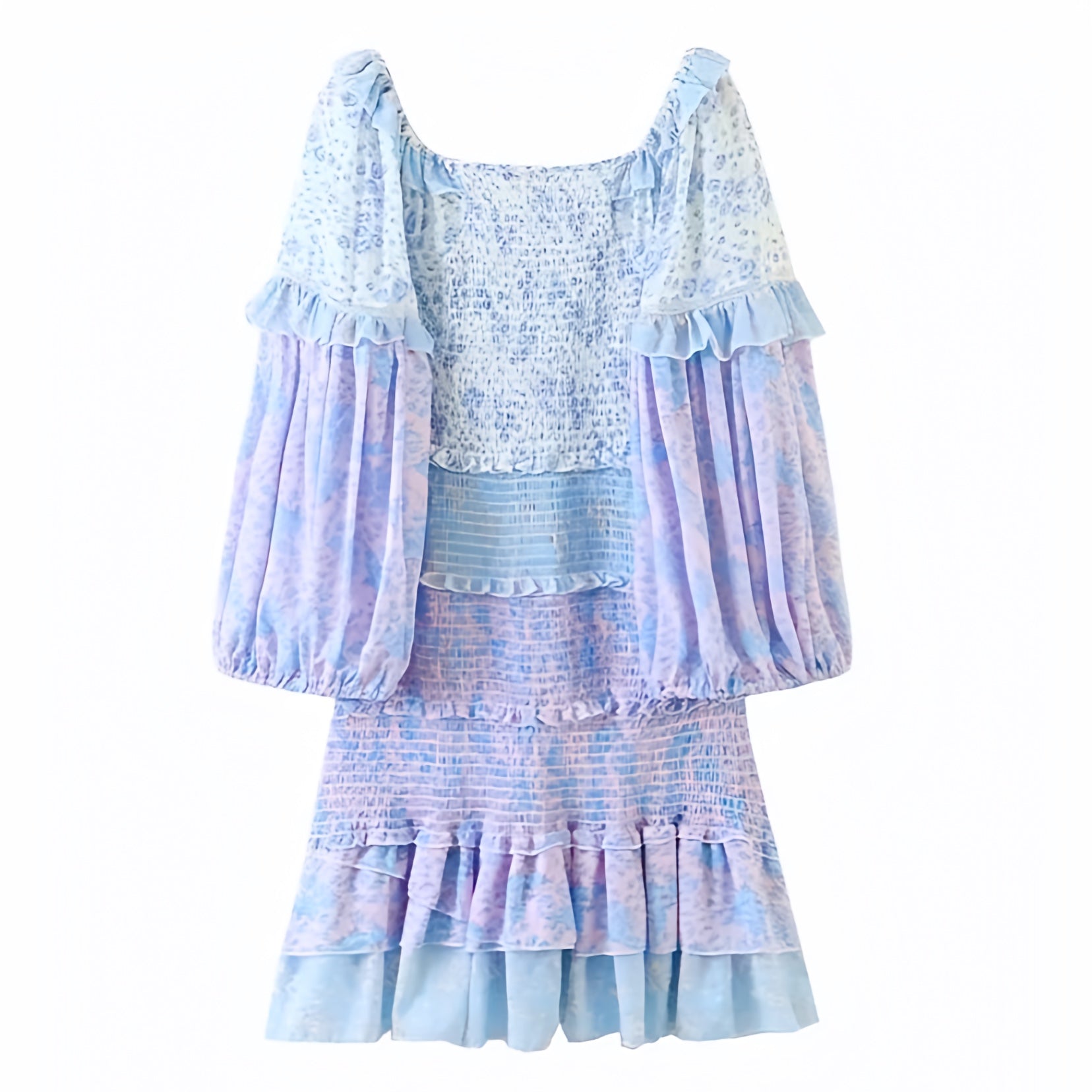 Brooke Multi-Color Floral Print Layered Ruffle Smocked Long Puff Sleeve Mini Dress