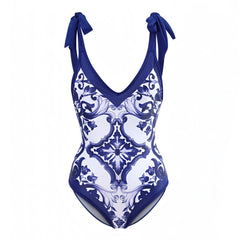 Positano Navy Blue & White Floral Patterned Spaghetti Strap One Piece Swimsuit