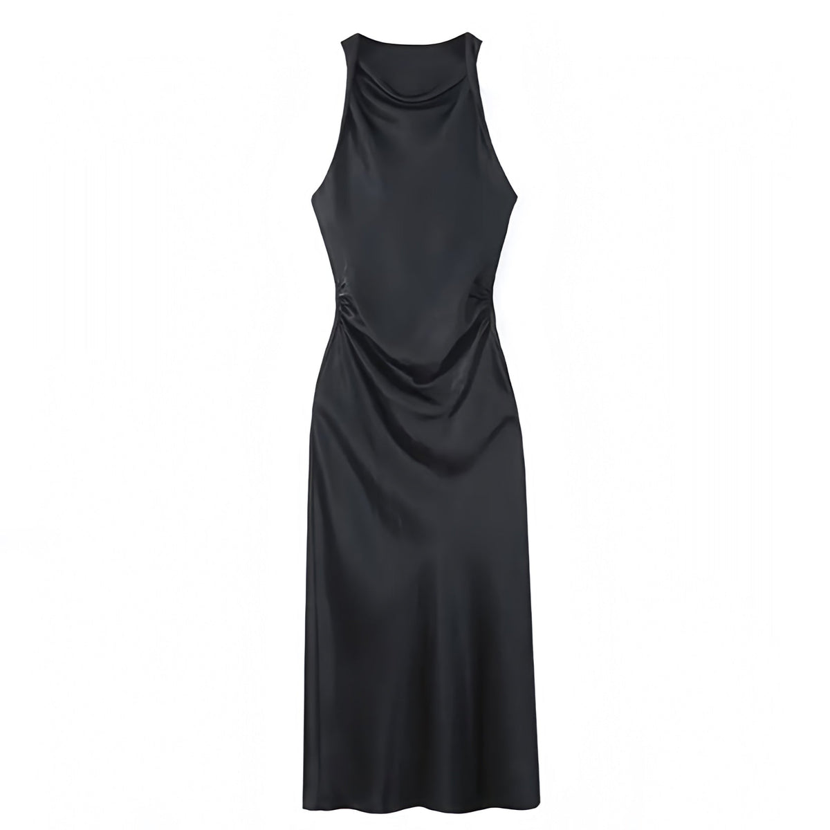 Black Satin Ruched Bodycon Slim Fit Sleeveless Boat Neck Maxi Dress