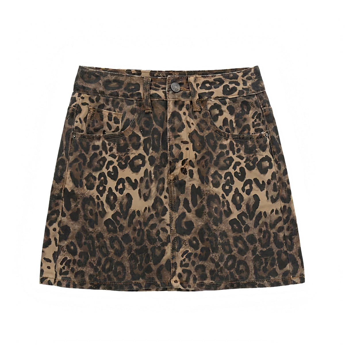 Leopard Print Denim Mid-High Rise Mini Skirt