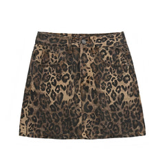 Leopard Print Denim Mid-High Rise Mini Skirt