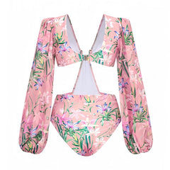 Florida Keys Light Pink Floral Print Cut-Out Long Sleeve One Piece Swimsuit