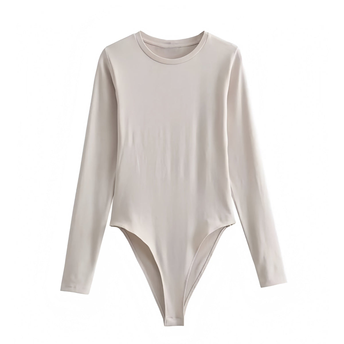 Light Beige Neutral Cotton Bodycon Long Sleeve Round Neck Slim Fit Bodysuit