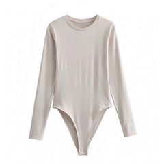 Light Beige Neutral Cotton Bodycon Long Sleeve Round Neck Slim Fit Bodysuit