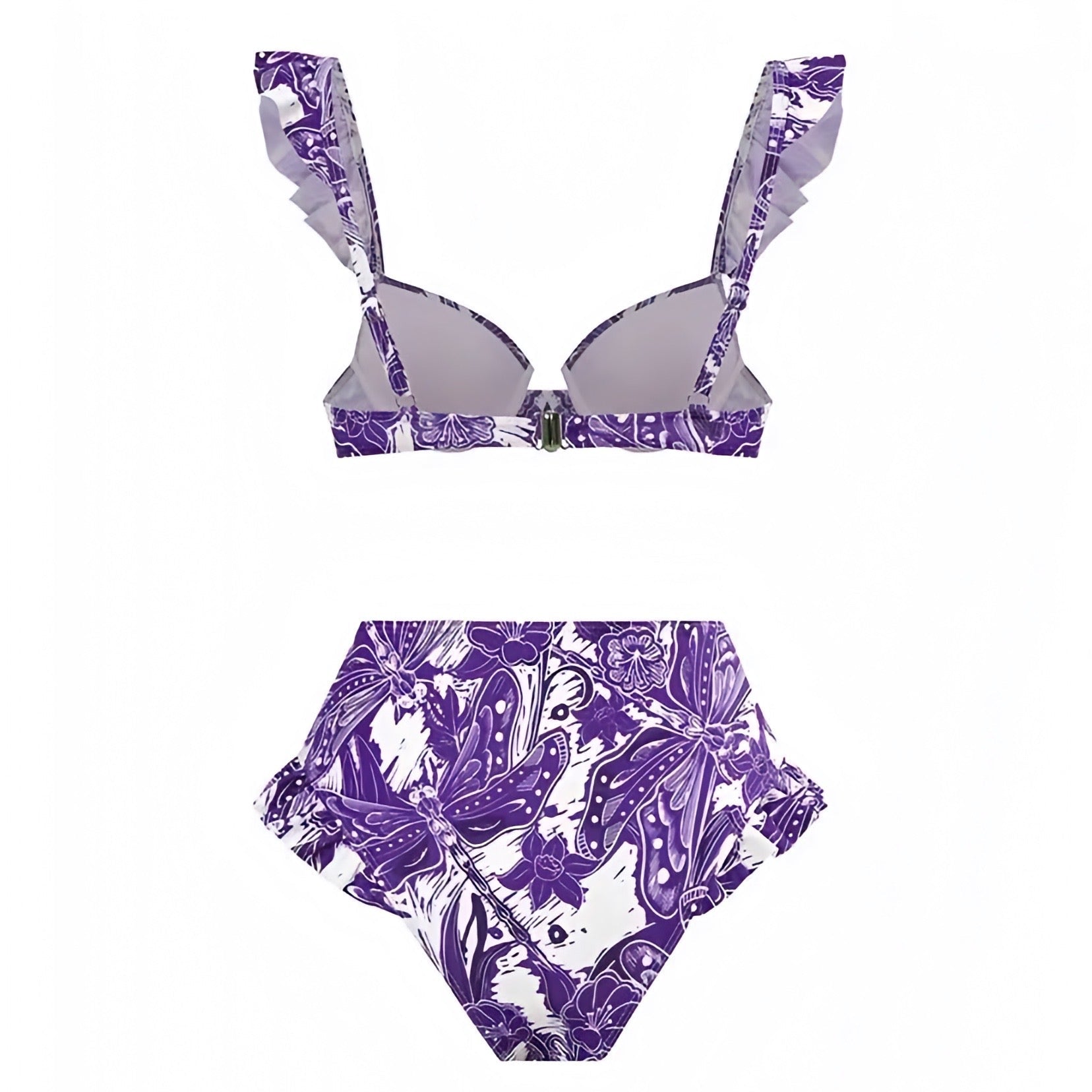 Dark Purple Floral Patterned Ruffle Trim Underwire 2 Piece Bikini Set