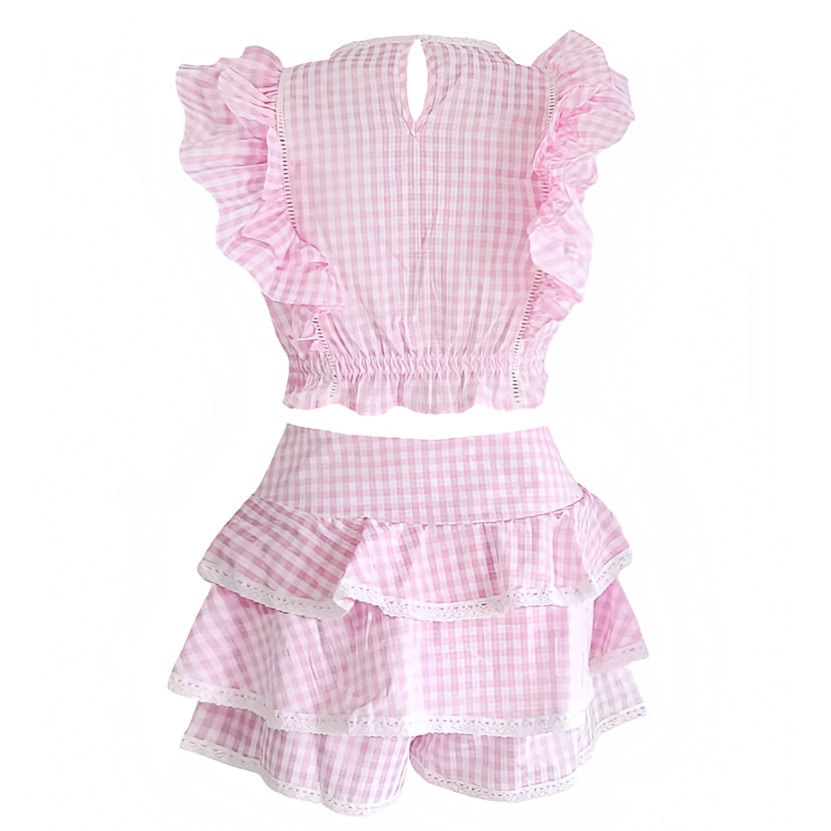 Light Pink Gingham Print Puff Sleeve Top & Layered Ruffle Mini Skirt Set