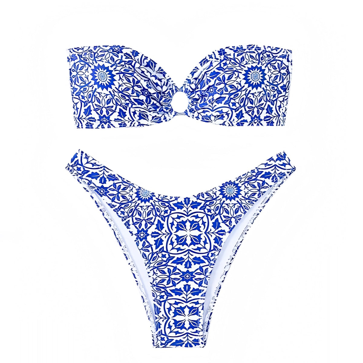 Positano Blue & White Patterned Bandeau Strapless 2 Piece Bikini Set