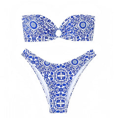 Positano Blue & White Patterned Bandeau Strapless 2 Piece Bikini Set