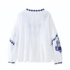 Mykonos Blue Floral Embroidered V-Neck Long Sleeve Blouse Top