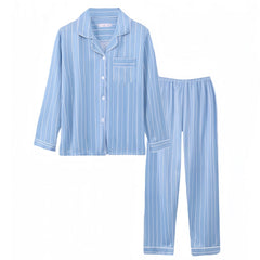 Light Blue & White Striped Cotton Linen Pajama Set