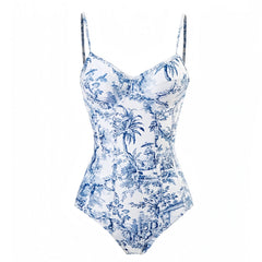 Nantucket Blue Floral Print Spaghetti Strap Underwire One Piece Swimsuit
