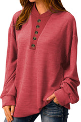 Contrast Trim Buttoned Henley Sweatshirt