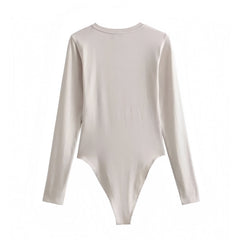 Light Beige Neutral Cotton Bodycon Long Sleeve Round Neck Slim Fit Bodysuit