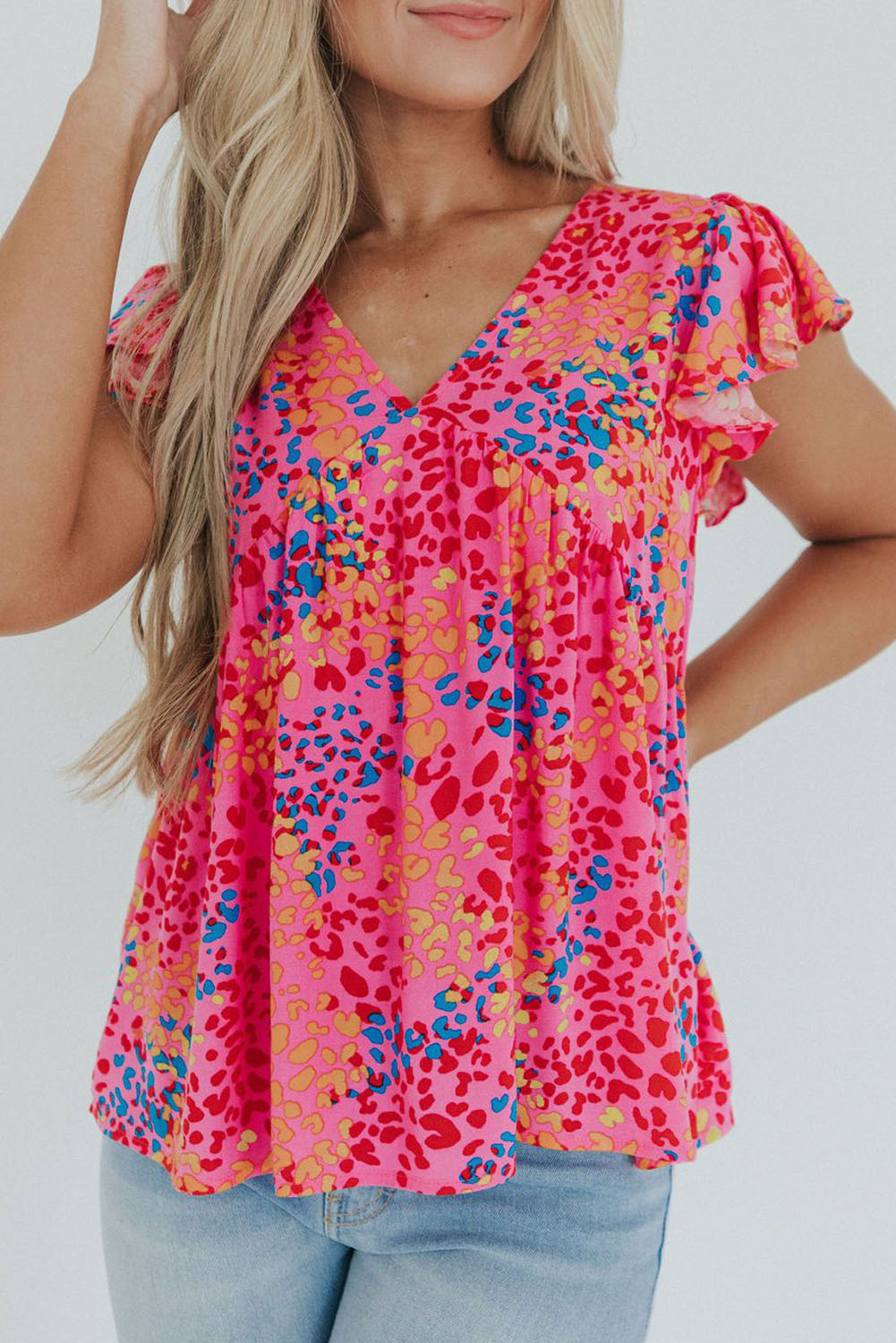 Colorful Leopard Print Flutter Sleeve Top