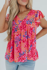 Colorful Leopard Print Flutter Sleeve Top