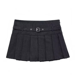 Black Plaid Slim Low-Rise Pleated Mini Skirt With Belt