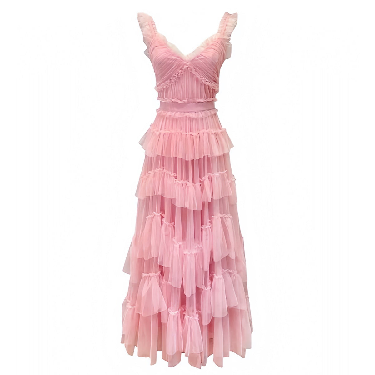 Beatrix Light Pink Layered Ruffle Drop Waist Spaghetti Strap Maxi Dress
