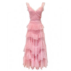 Beatrix Light Pink Layered Ruffle Drop Waist Spaghetti Strap Maxi Dress