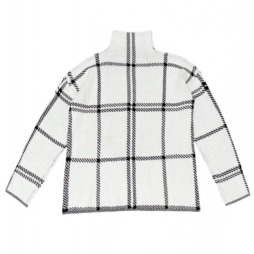 White Plaid Turtleneck Knit Oversized Sweater