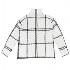 White Plaid Turtleneck Knit Oversized Sweater